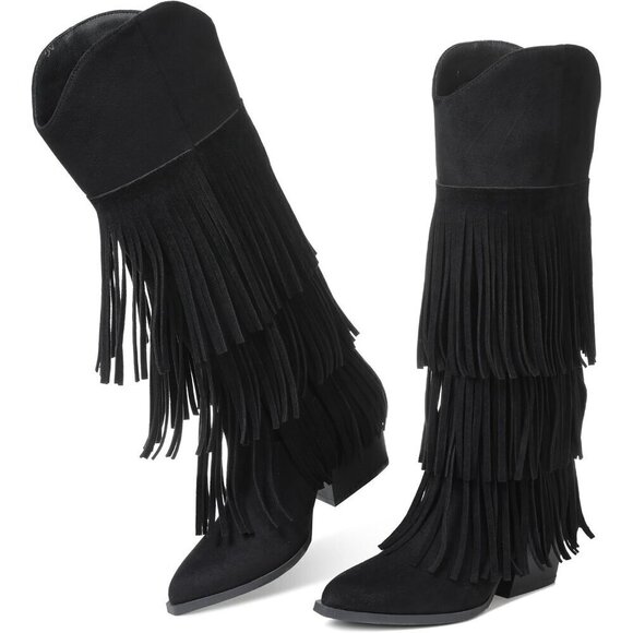 Shoes - 🆕Women Retro Pointed Faux Suede Black Fringe Knee High Western Cowgirl Boot
